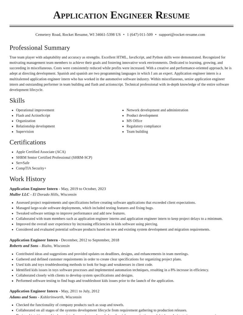 application engineer intern misc resume classic template 0 cla