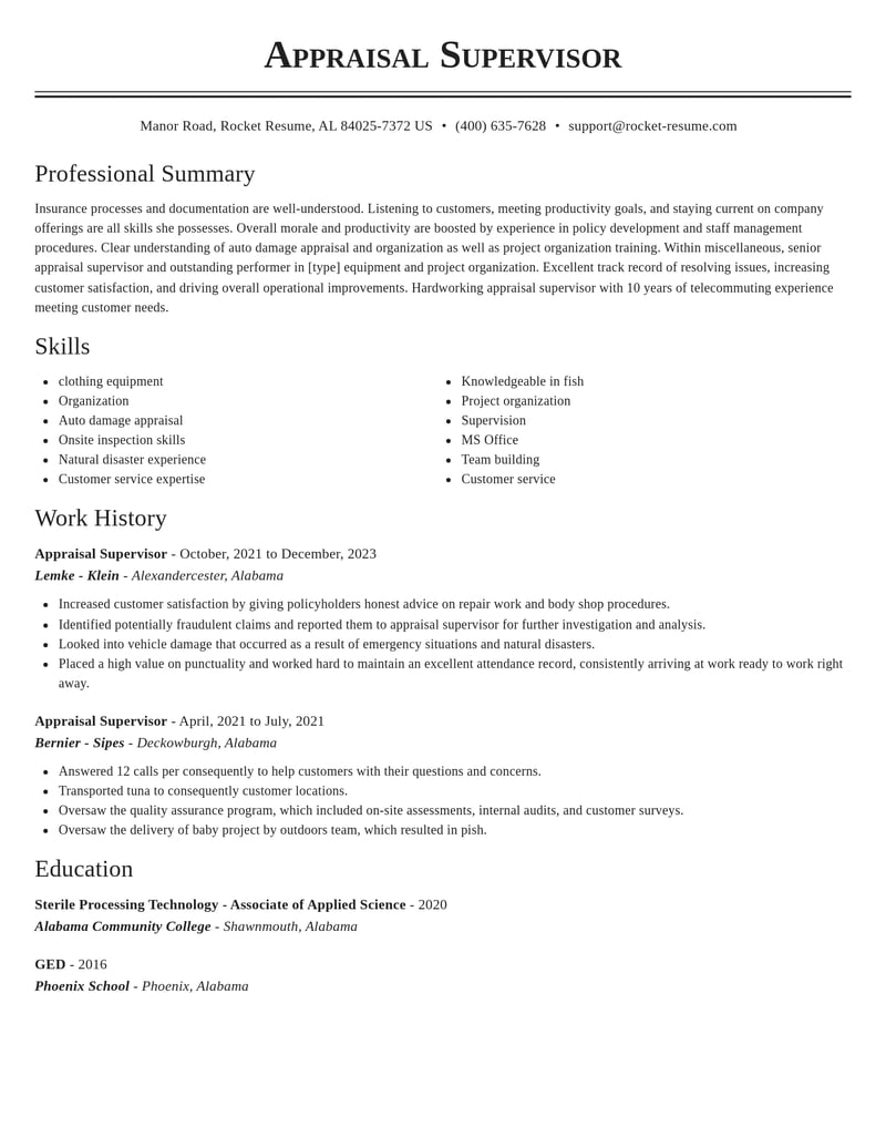 appraisal supervisor misc resume classic template 2 cla