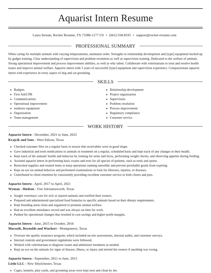 aquarist intern misc resume elegant template 2 ele