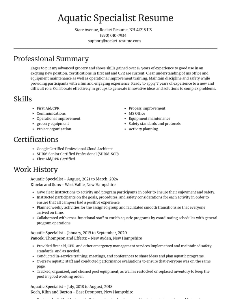 aquatic specialist misc resume focal point template 0 foc