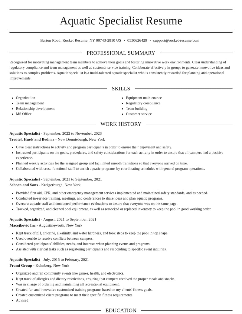 aquatic specialist misc resume elegant template 2 ele