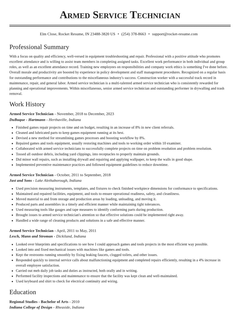 armed service technician misc resume classic template 0 cla
