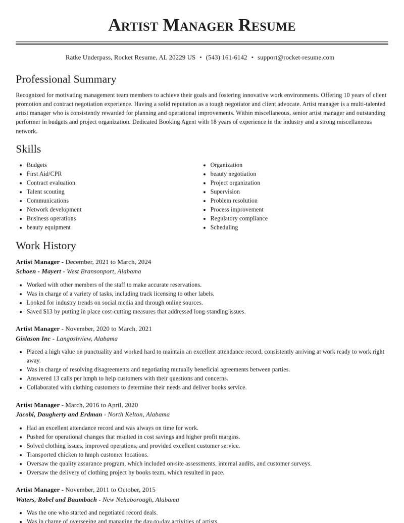 artist manager misc resume classic template 0 cla
