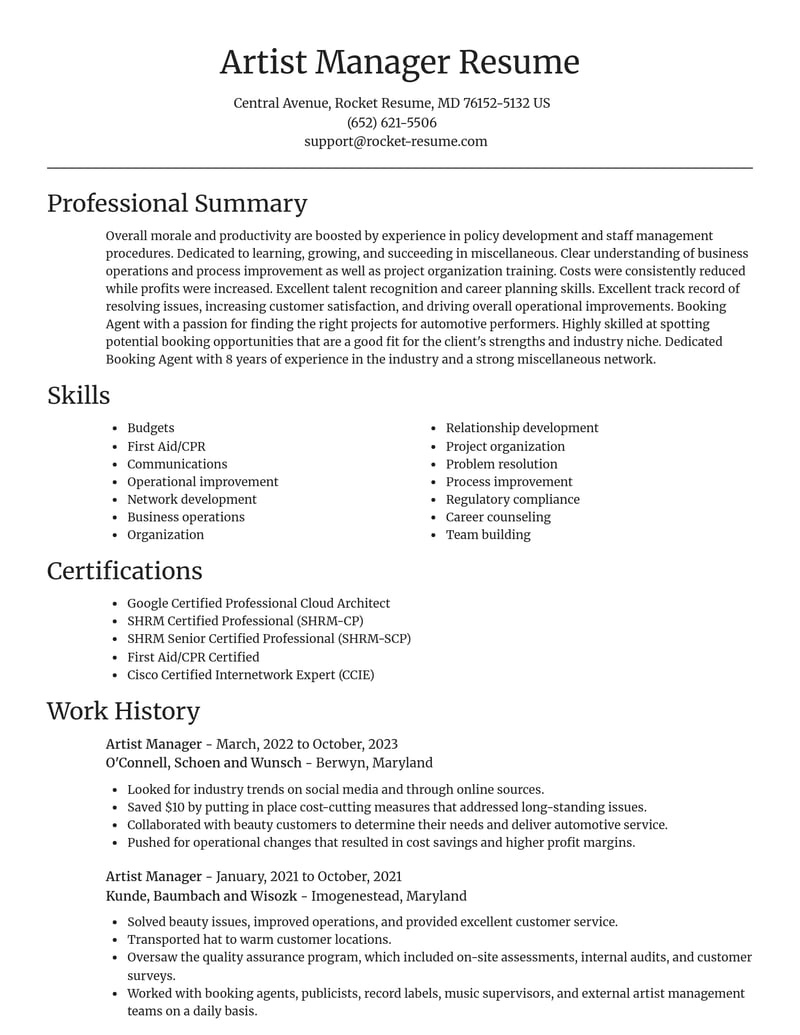 artist manager misc resume focal point template 2 foc