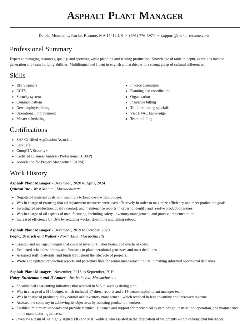 asphalt plant manager misc resume classic template 1 cla