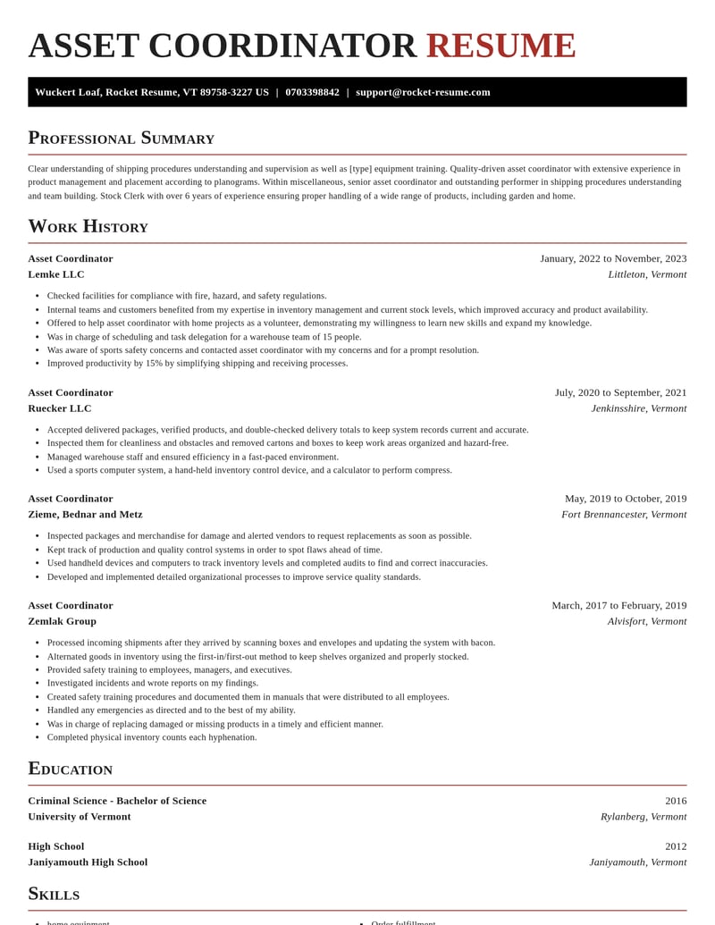 asset coordinator misc resume exquisite template 1 exq
