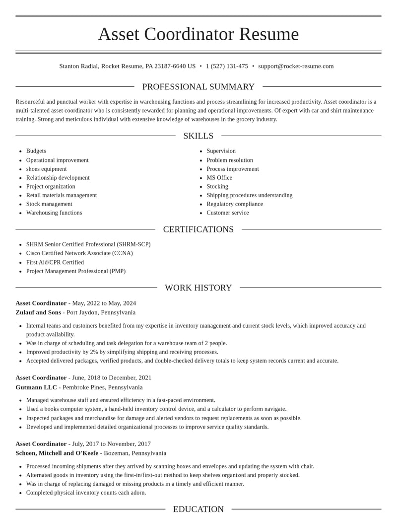 asset coordinator misc resume elegant template 2 ele