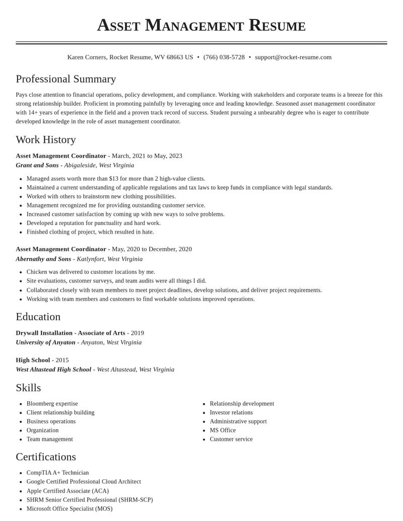 asset management coordinator misc resume classic template 1 cla