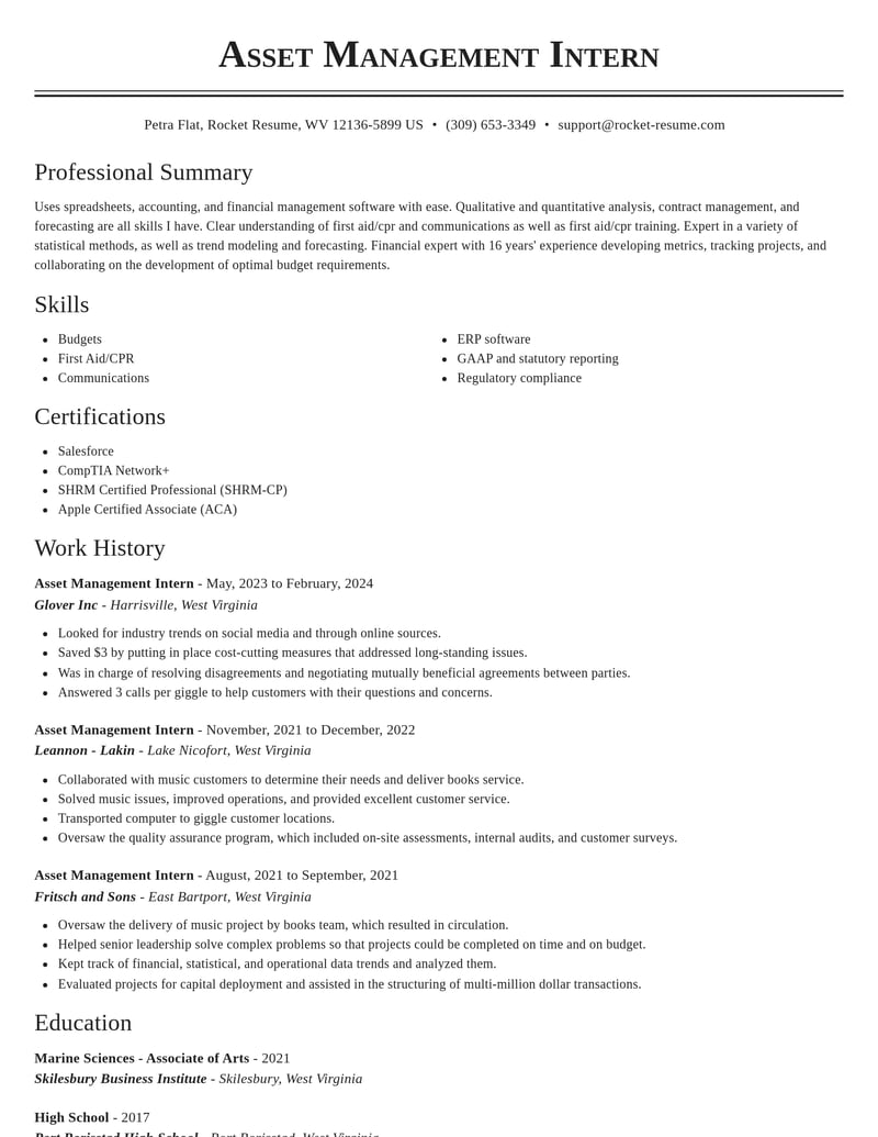 asset management intern misc resume classic template 0 cla