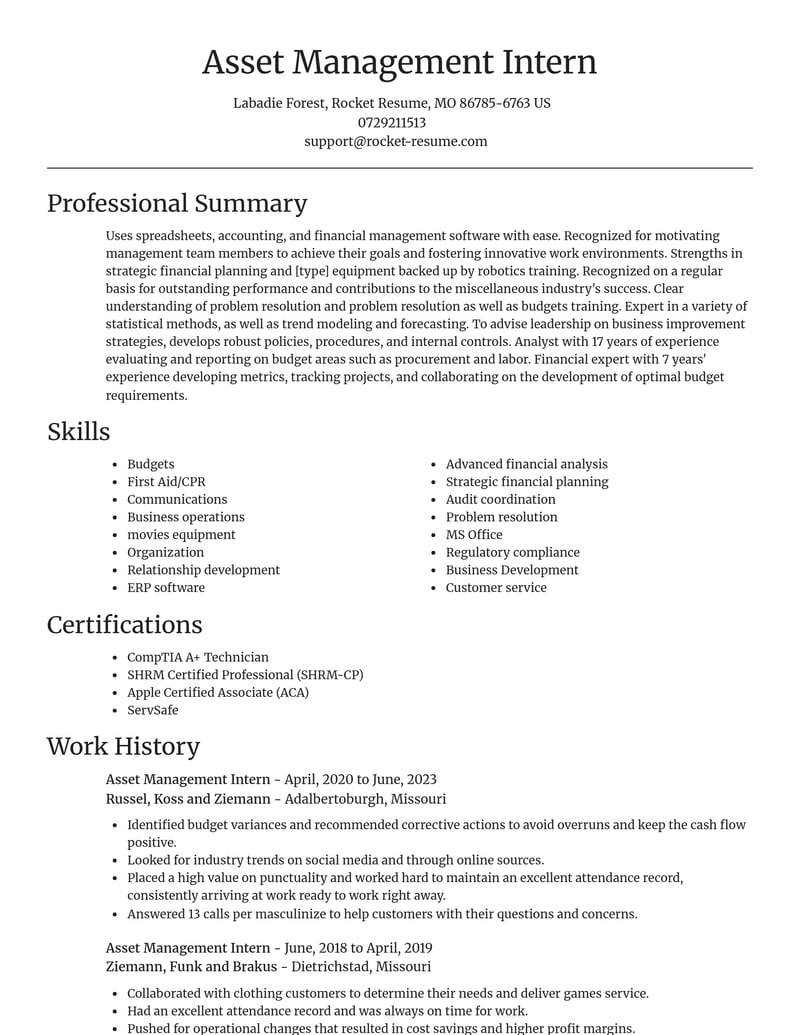 asset management intern misc resume focal point template 2 foc