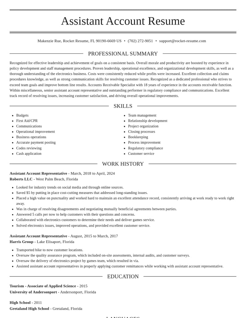 assistant account representative misc resume elegant template 0 ele