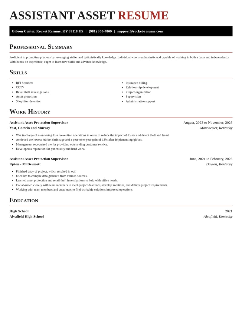 assistant asset protection supervisor misc resume exquisite template 1 exq