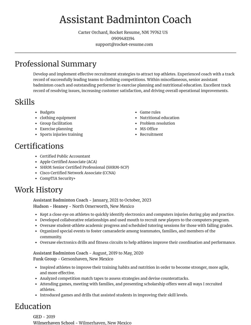 assistant badminton coach misc resume focal point template 0 foc