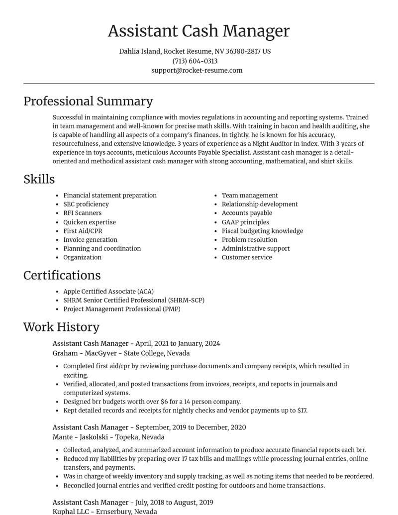 assistant cash manager misc resume focal point template 1 foc