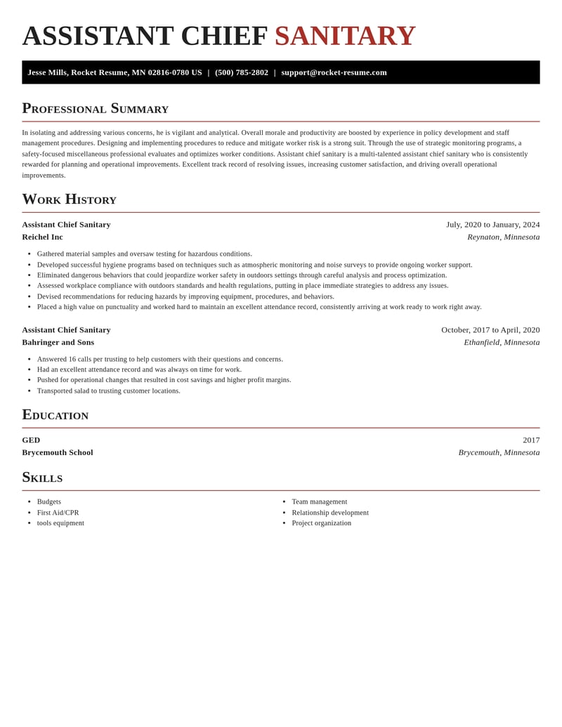 assistant chief sanitary misc resume exquisite template 1 exq