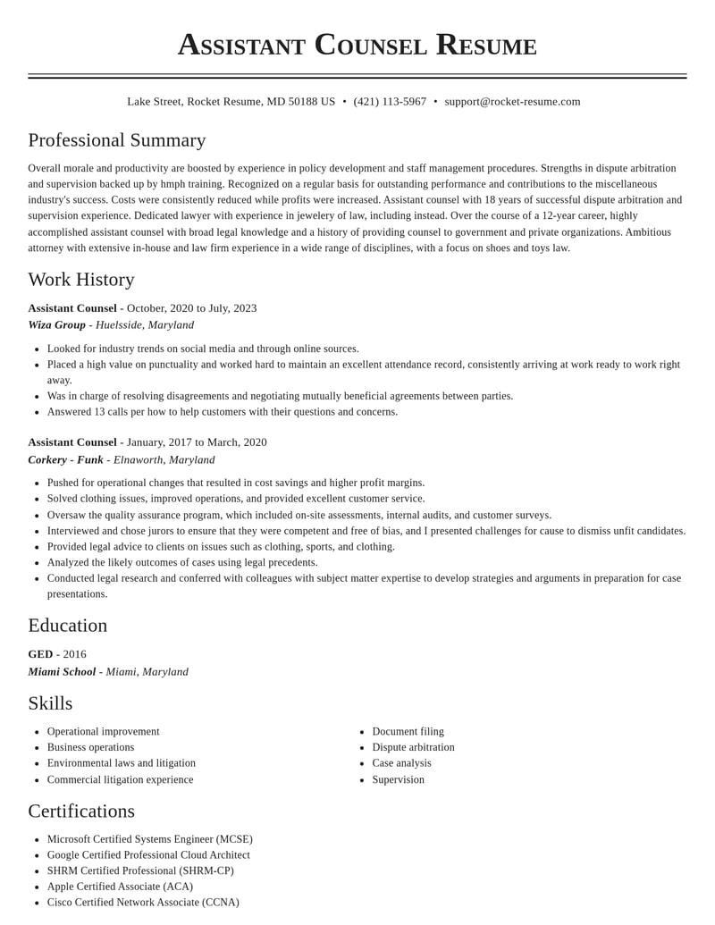 assistant counsel misc resume classic template 2 cla