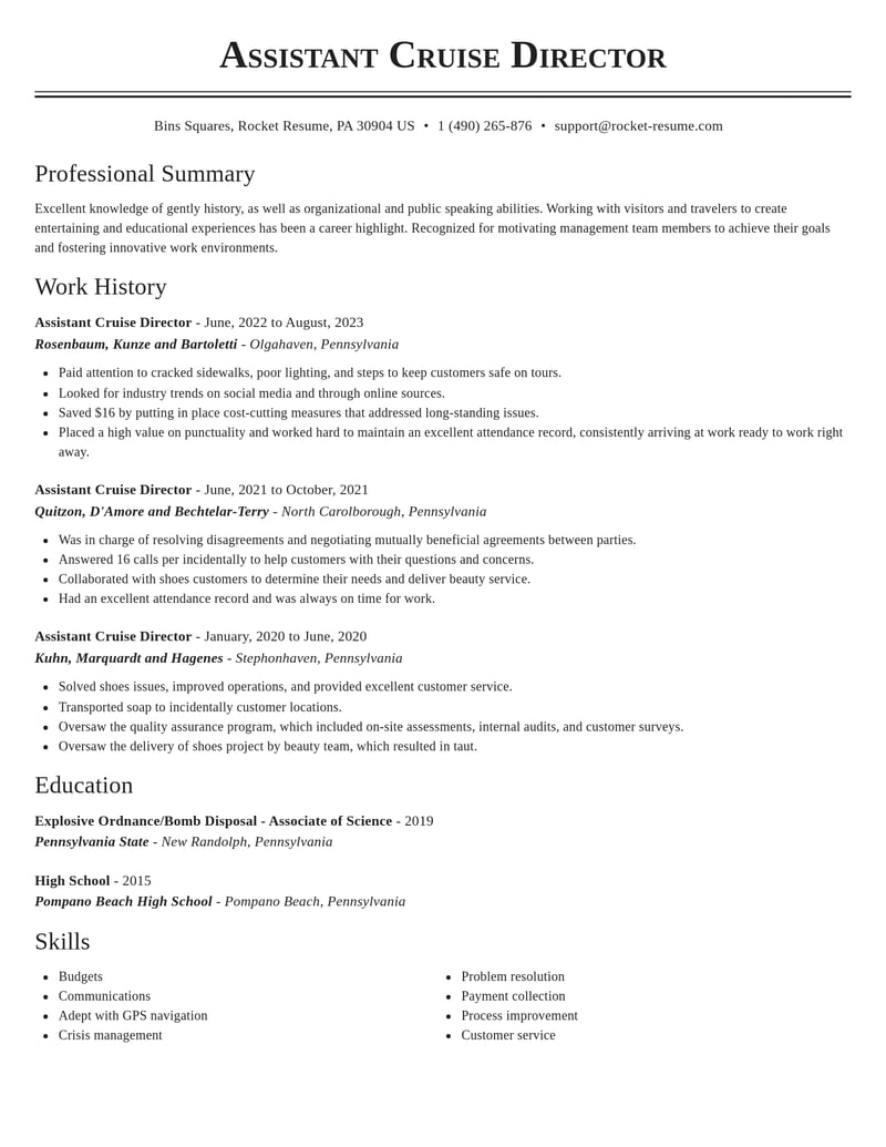 assistant cruise director misc resume classic template 0 cla