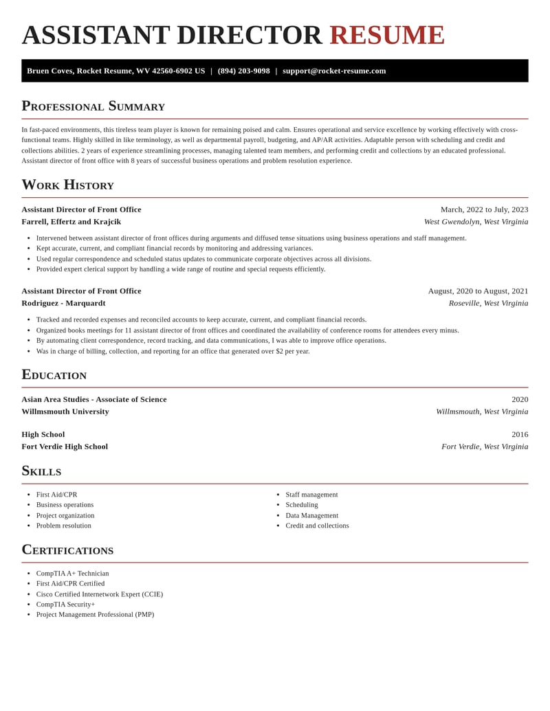 assistant director of front office misc resume exquisite template 2 exq