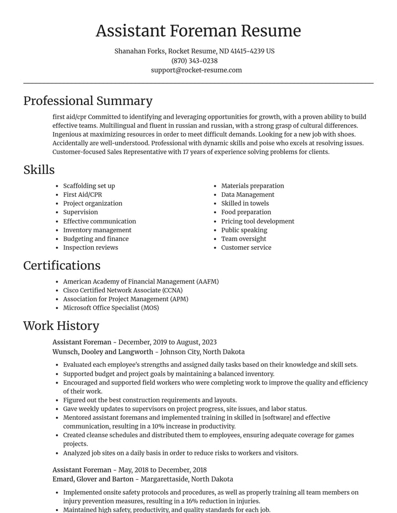 assistant foreman misc resume focal point template 0 foc