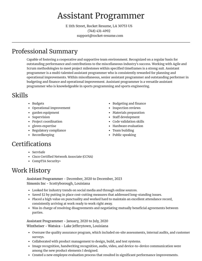 assistant programmer misc resume focal point template 2 foc