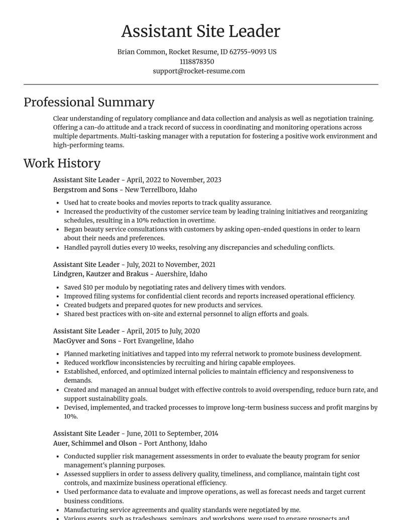 assistant site leader misc resume focal point template 1 foc