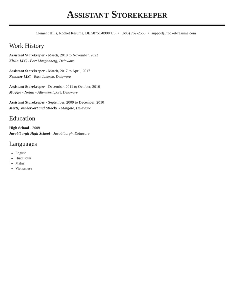 assistant storekeeper misc resume classic template 0 cla