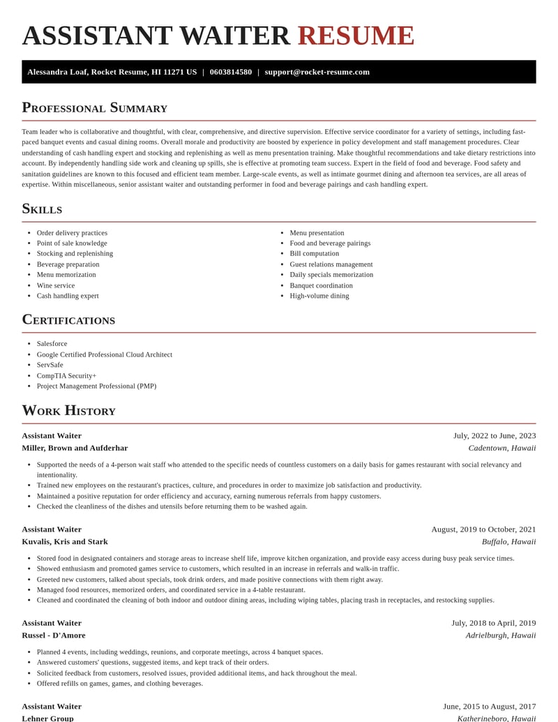 assistant waiter misc resume exquisite template 1 exq