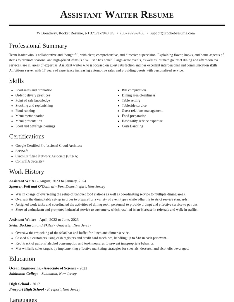 assistant waiter misc resume classic template 2 cla
