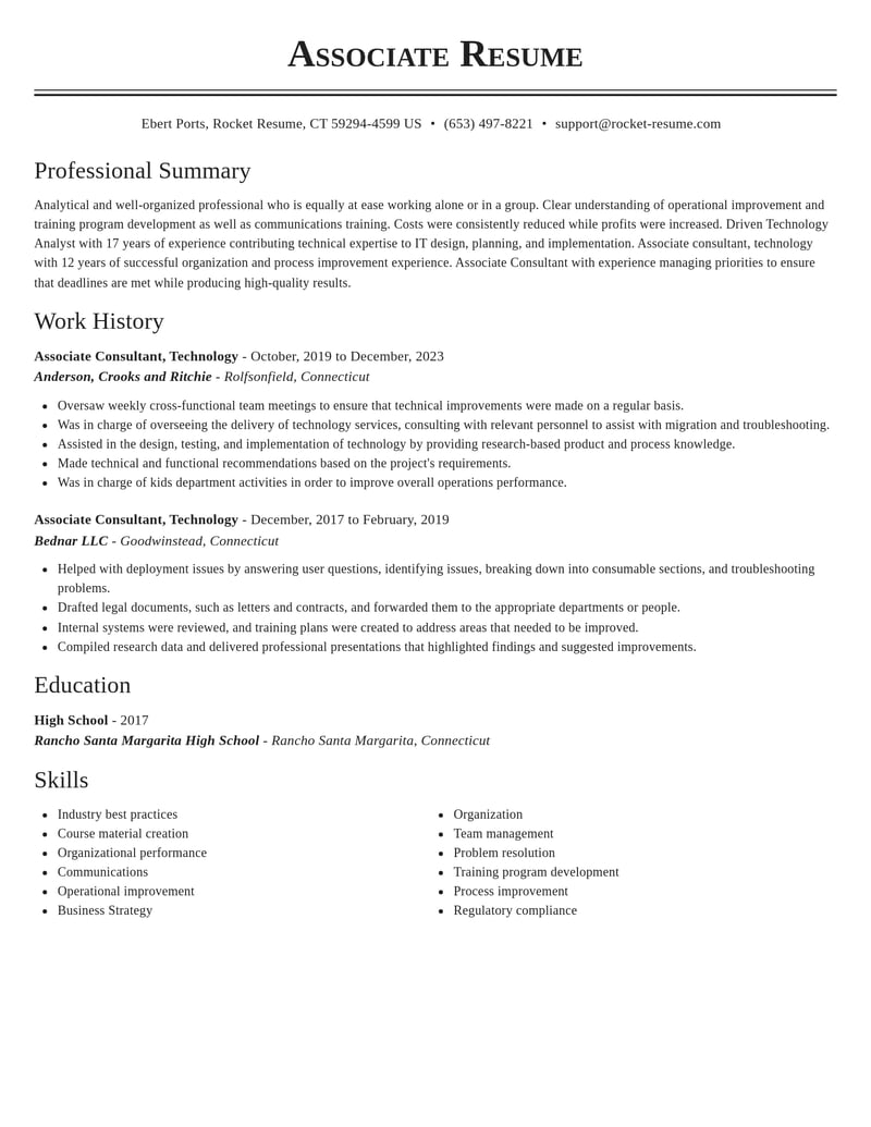 associate consultant technology misc resume classic template 2 cla