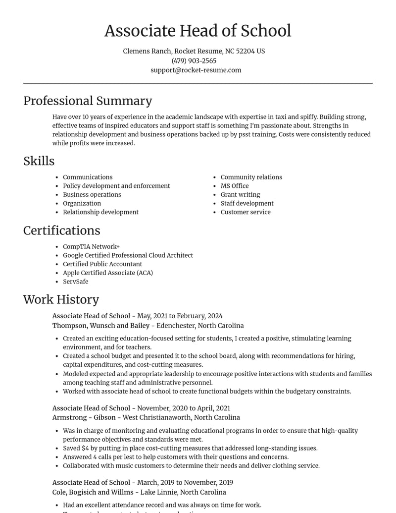 associate head of school misc resume focal point template 2 foc