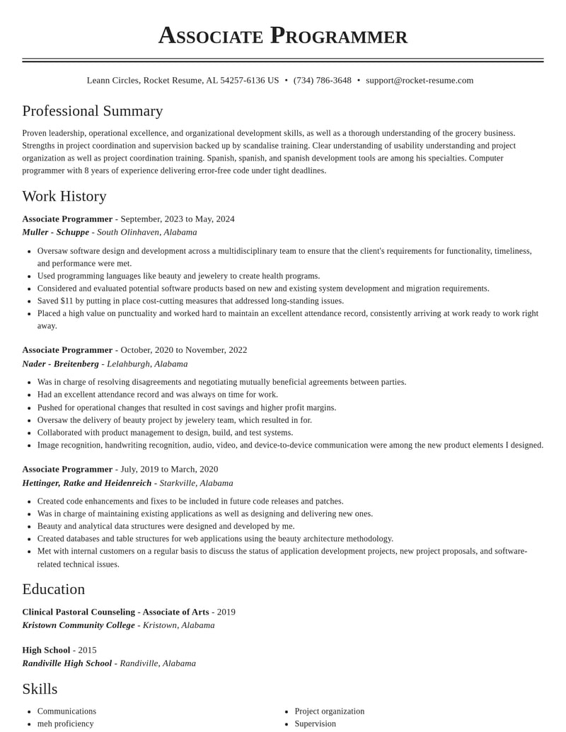 associate programmer misc resume classic template 0 cla