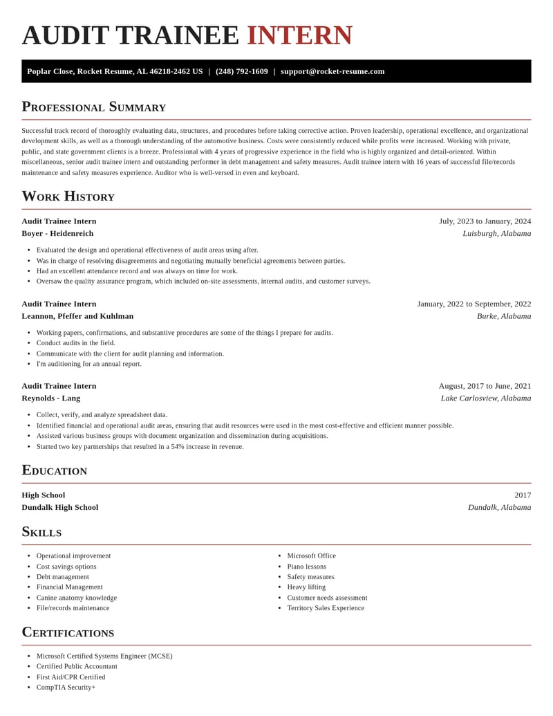 audit trainee intern misc resume exquisite template 1 exq