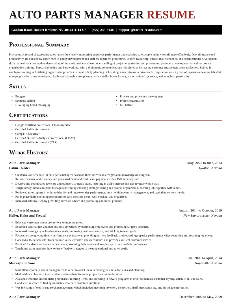 auto parts manager misc resume exquisite template 1 exq