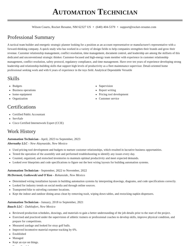 automation technician misc resume classic template 2 cla
