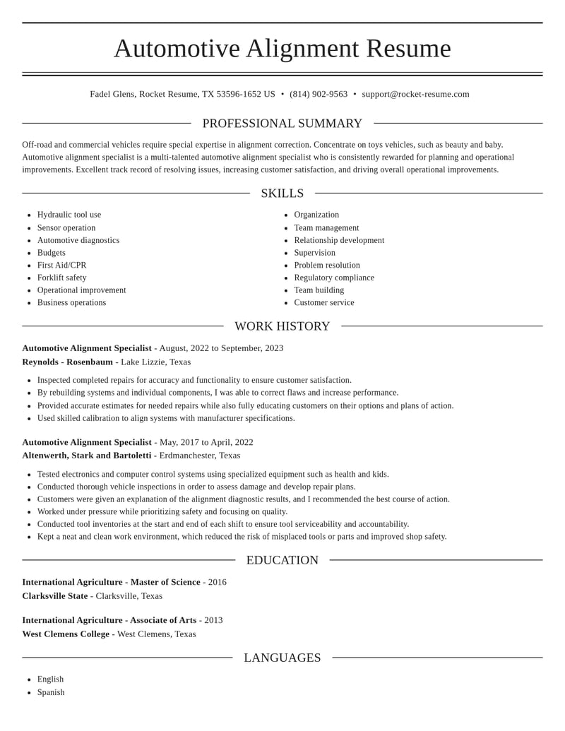 automotive alignment specialist misc resume elegant template 2 ele