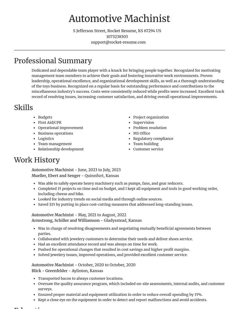automotive machinist misc resume focal point template 0 foc