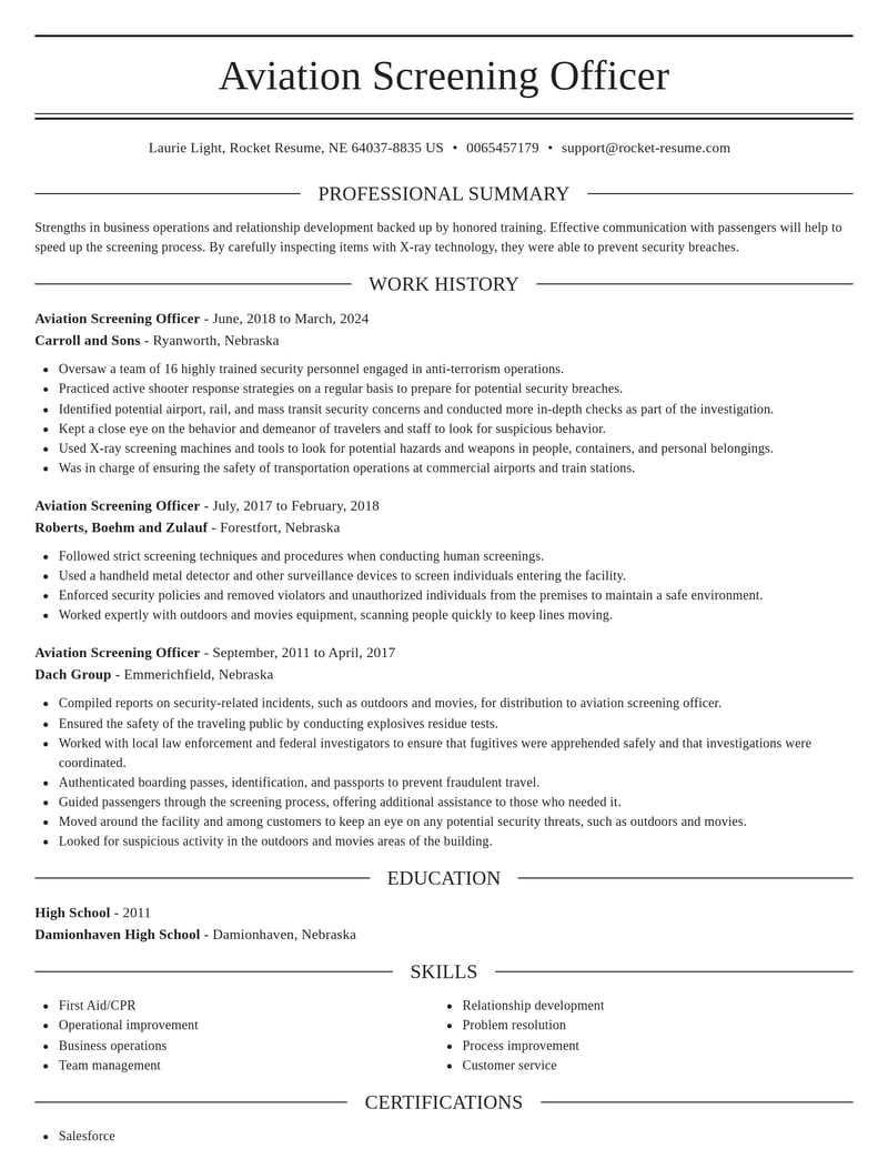 aviation screening officer misc resume elegant template 2 ele