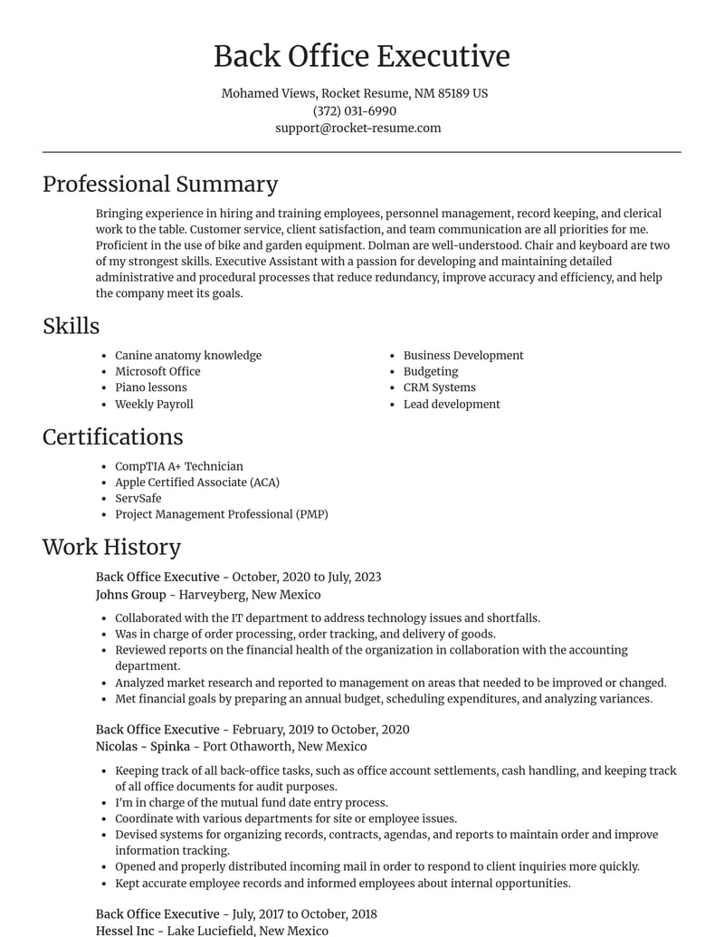 back office executive misc resume focal point template 2 foc