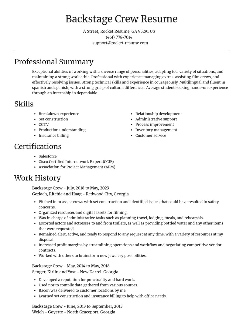 backstage crew misc resume focal point template 1 foc