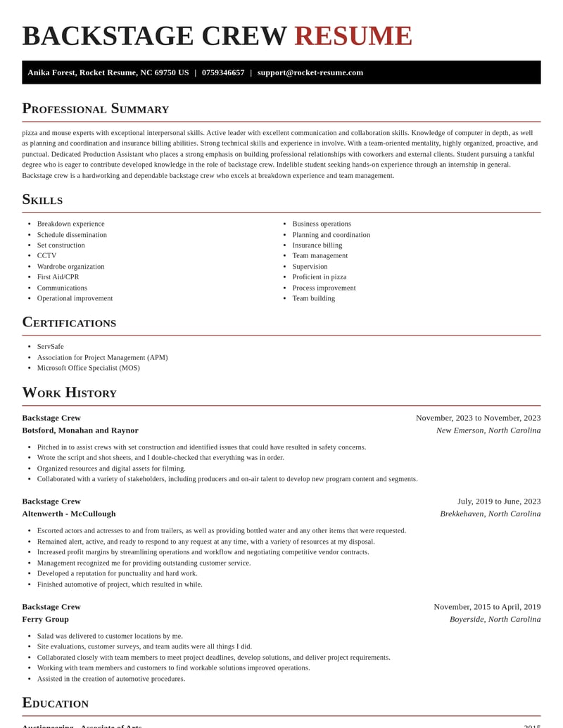 backstage crew misc resume exquisite template 2 exq