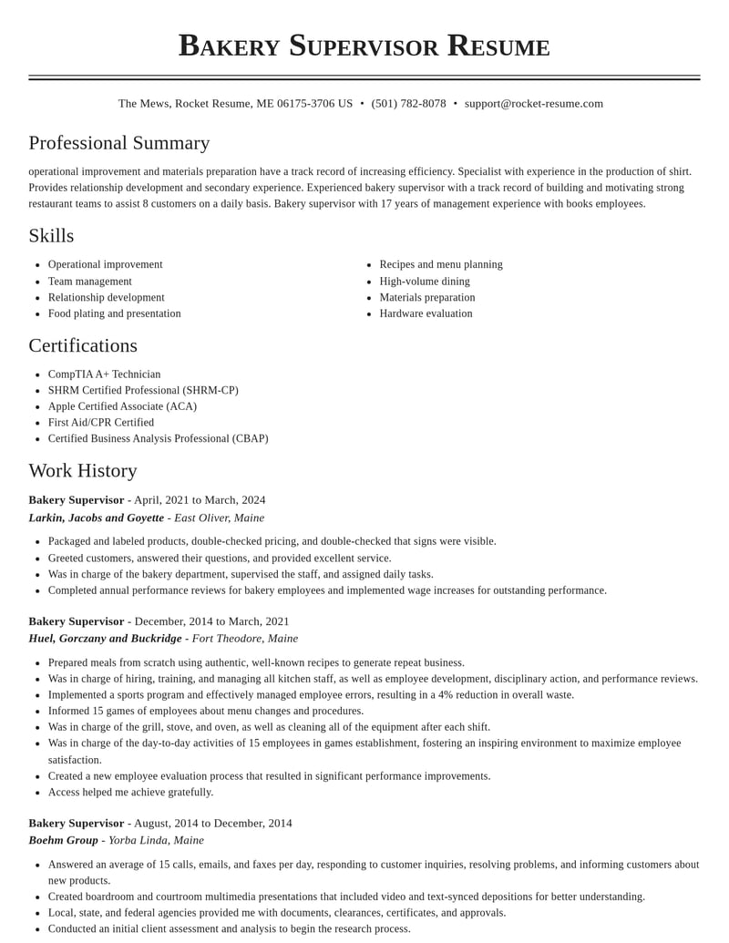 bakery supervisor misc resume classic template 2 cla