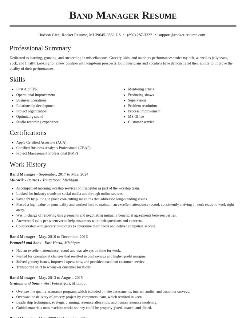band manager misc resume classic template 2 cla
