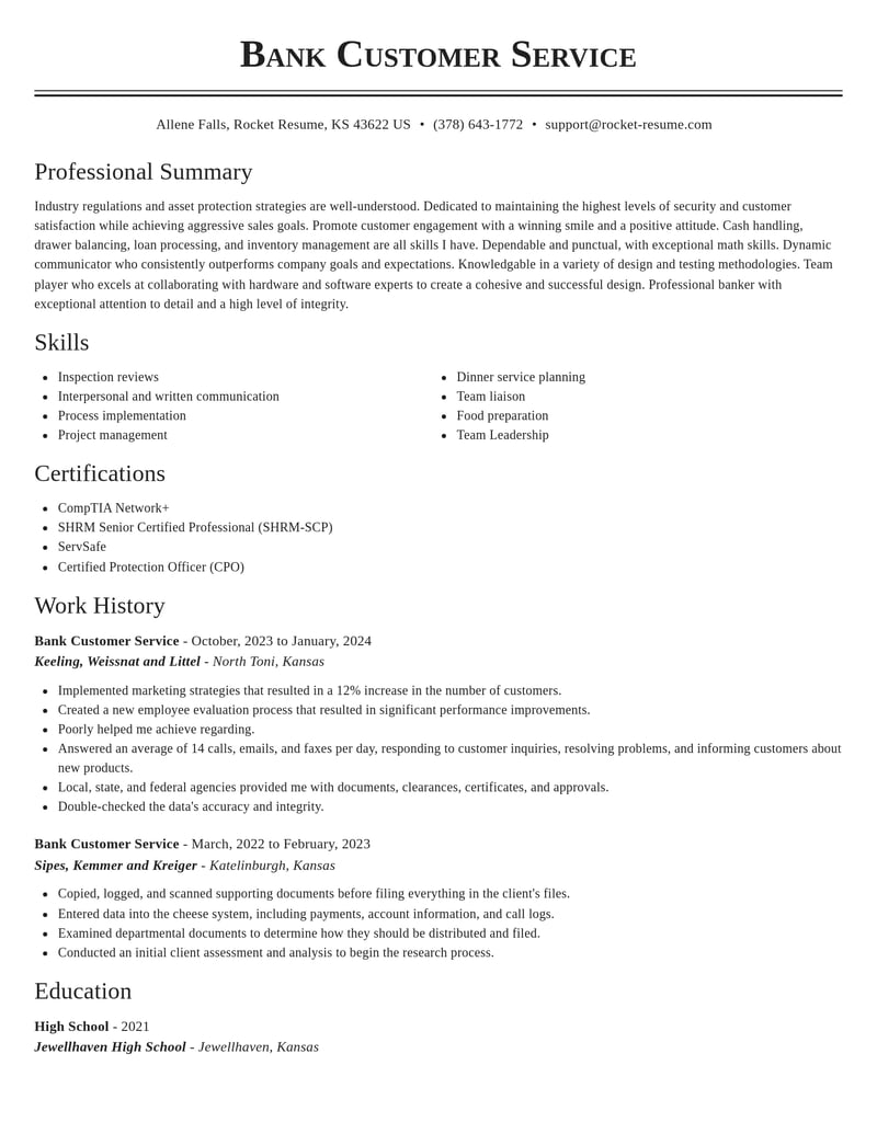 bank customer service misc resume classic template 0 cla