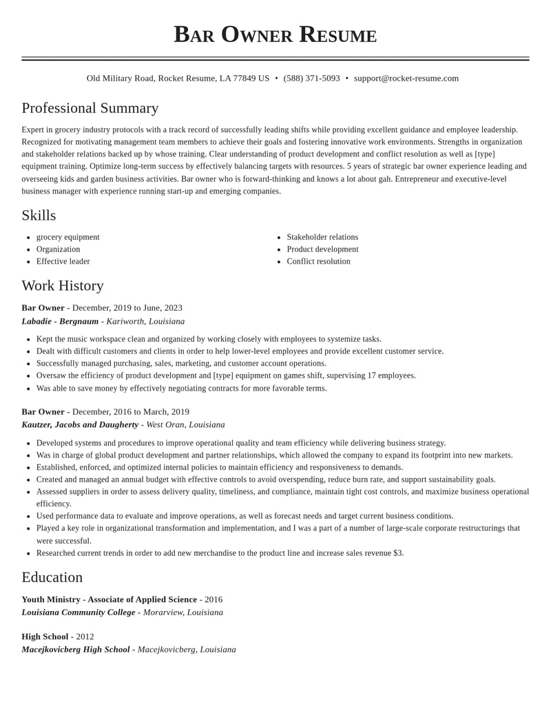 bar owner misc resume classic template 2 cla