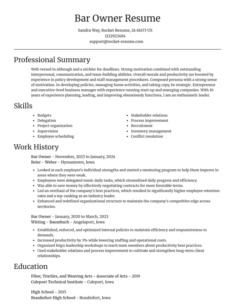 bar owner misc resume focal point template 2 foc