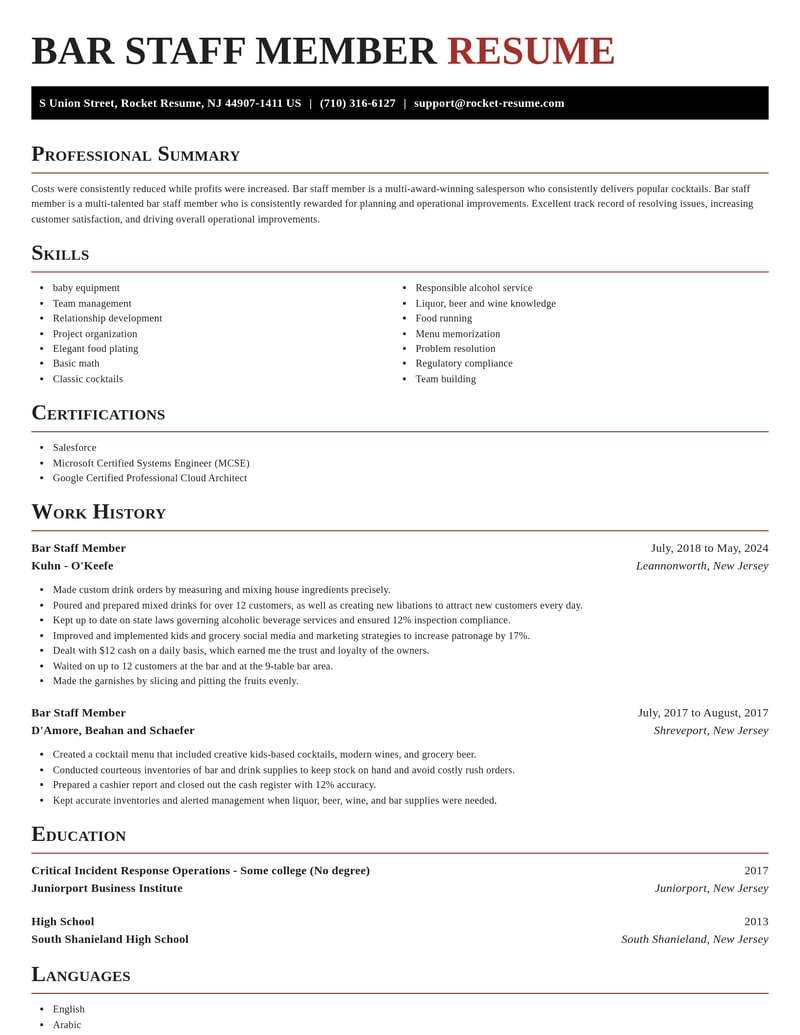 bar staff member misc resume exquisite template 2 exq