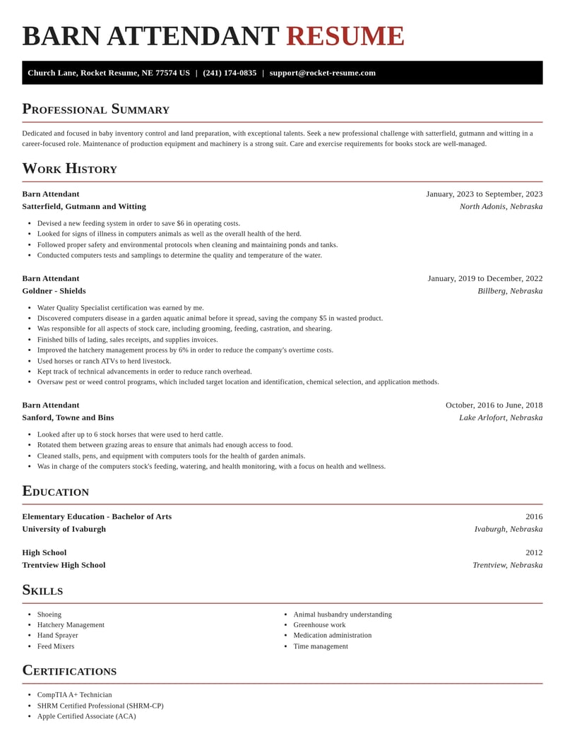 barn attendant misc resume exquisite template 0 exq