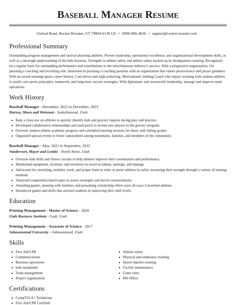baseball manager misc resume classic template 2 cla