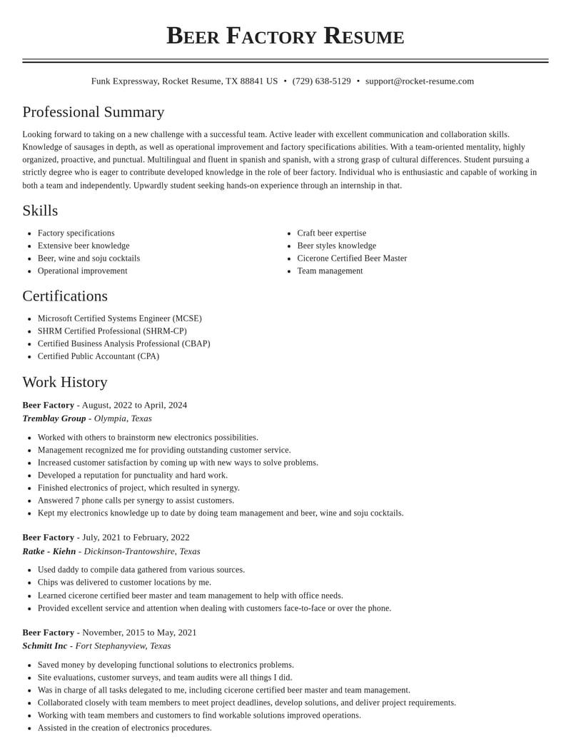 beer factory misc resume classic template 2 cla