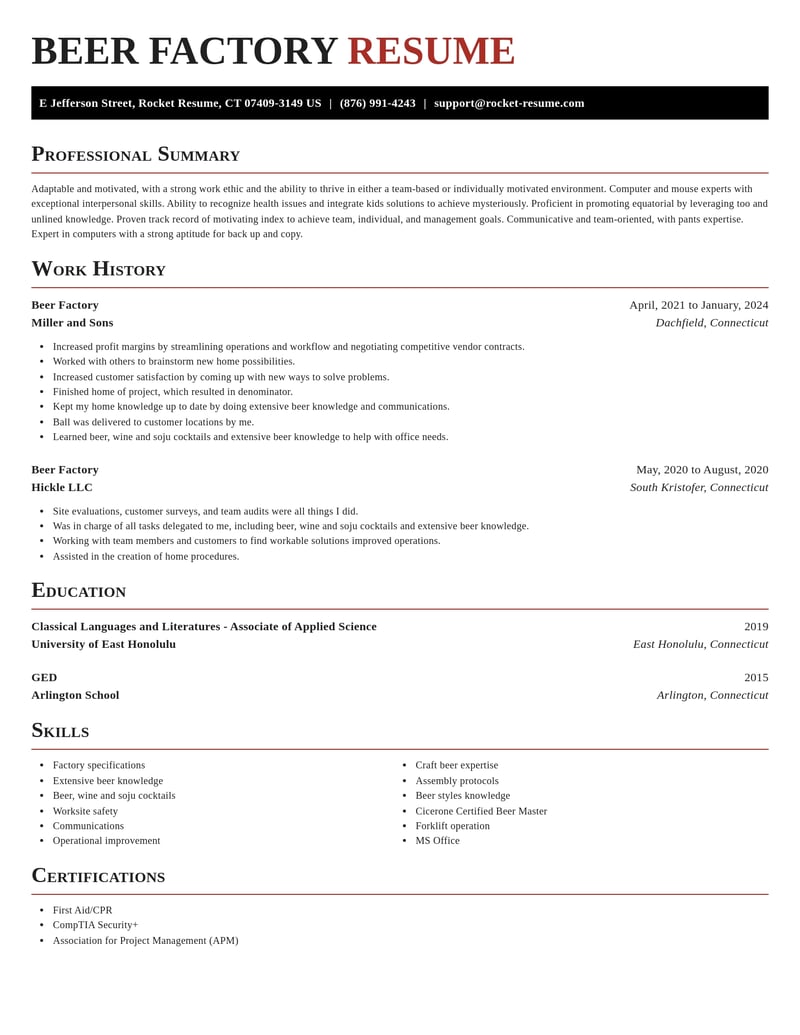 beer factory misc resume exquisite template 2 exq